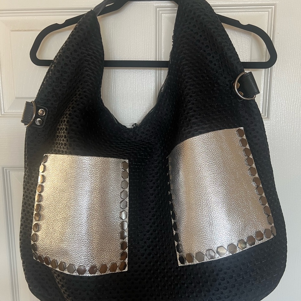 Black Hobo Shoulder Bag with Silver Accent Pockets